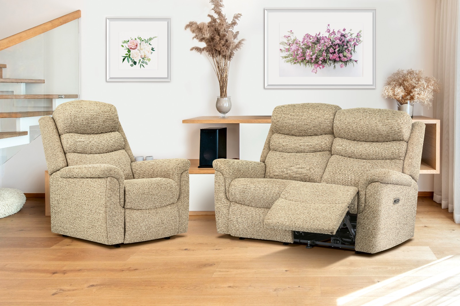 Mobify’s published room photograph showing a fabric chair and matching reclining settee