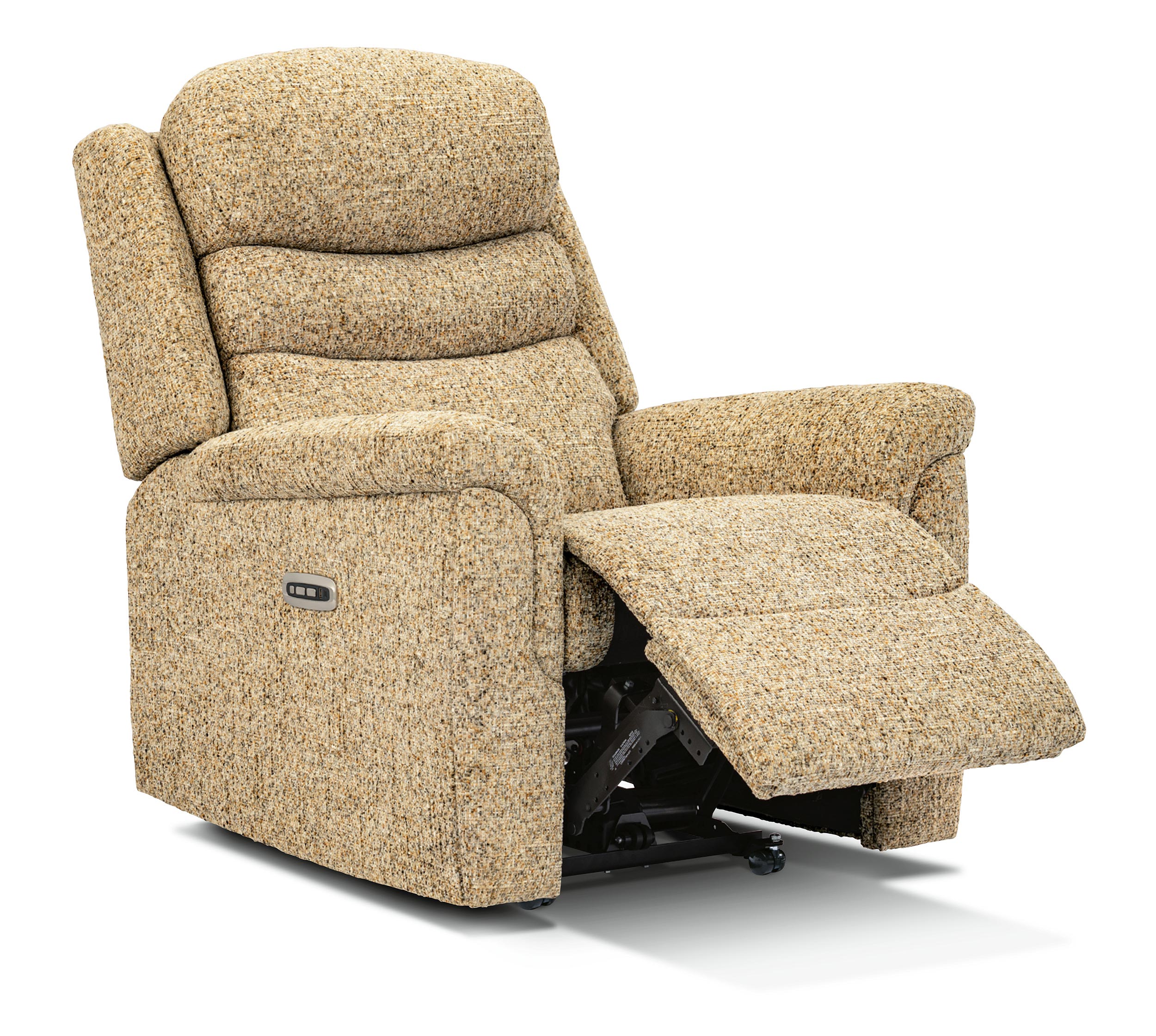 Halverleigh Standard Fabric Recliner, pictured with footrest extended on Mobify’s product page